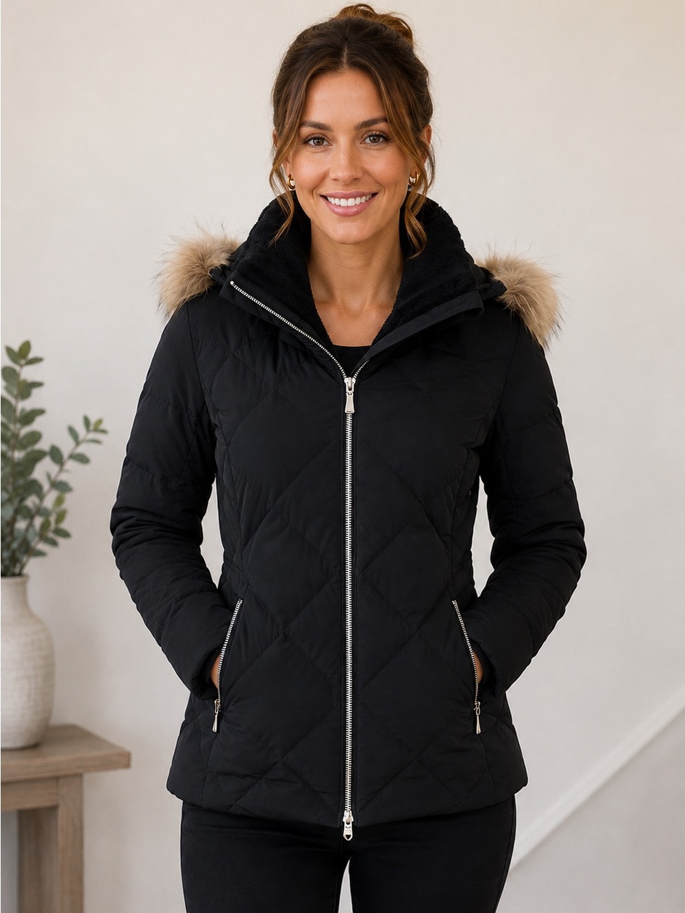 Descente Black Quilted Ski Jacket with Fur-Trim Hood